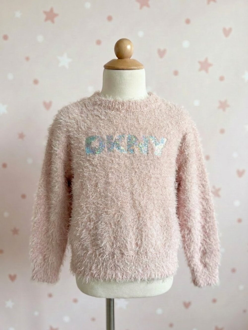 DKNY Girls Fuzzy Pink Sweater Sequin Logo Size 4T